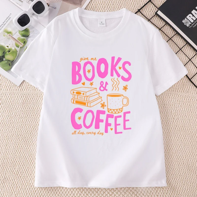 Books and Coffee Graphic T Shirts Book Lover Tee Reading Coffee Lover Bookish T-Shirt Casual Cotton Short Sleeve Printed