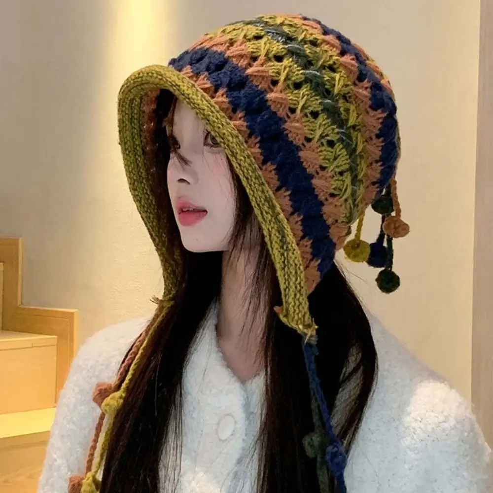 Ear Protection Tassel Ball Knitted Hat Japanese Style Stripe Rainbow Knitted Beanie Windbreak Ear Muff Cap Winter Bomber Hat