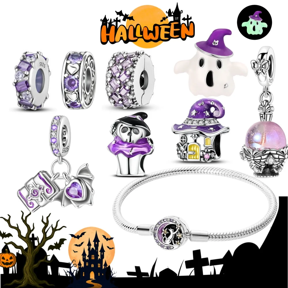 Halloween-Party, 925er Silber, lila, fliegender Hexenhut und magische Kugel-Charms, Perlen, passend für Original-Armbänder, DIY für Frauen, Schmuck, Geschenke – Detail 1