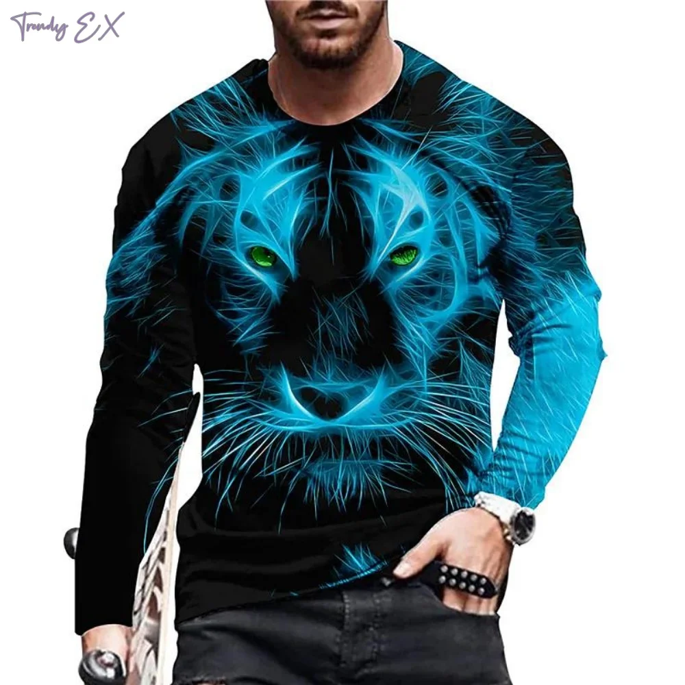 Cool 3D Tiger Print T-Shirts for Men Street Vintage O-Neck Oversized T-Shirt Tops Fashion Harajuku Long Sleeves Gym Clothing Men