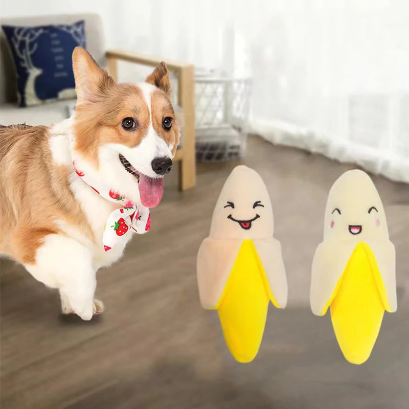 Squeaky Plush Banana Interactive Dog Toy Durable Puppy Chew Toys Creative Fruit Shaped Dog Toy with Cute Face Design