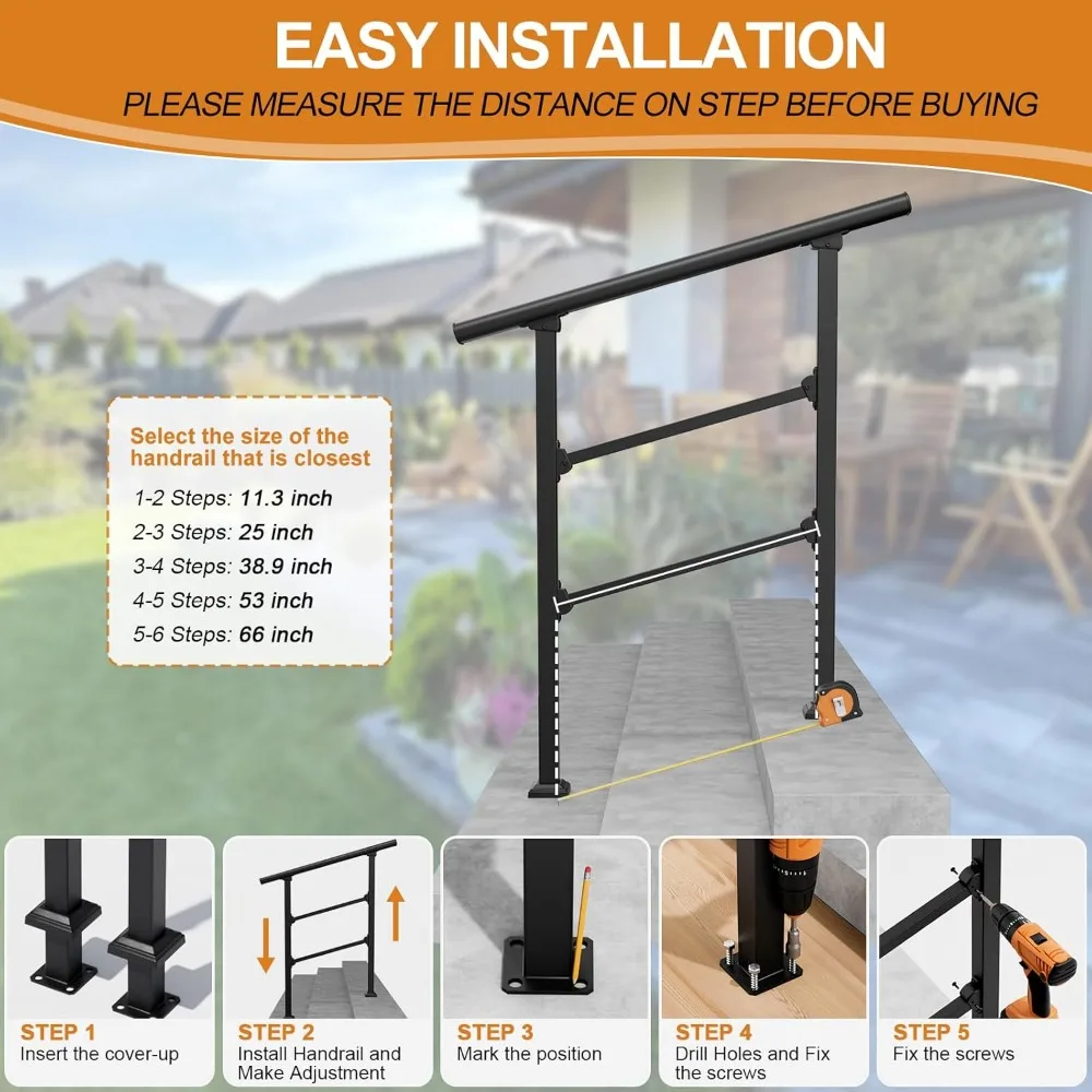 3-Step Outdoor Stair Railing: Black Wrought Iron Handrail for 2 to 3 Steps - Porch Stairs Hand Rail Railings Kit