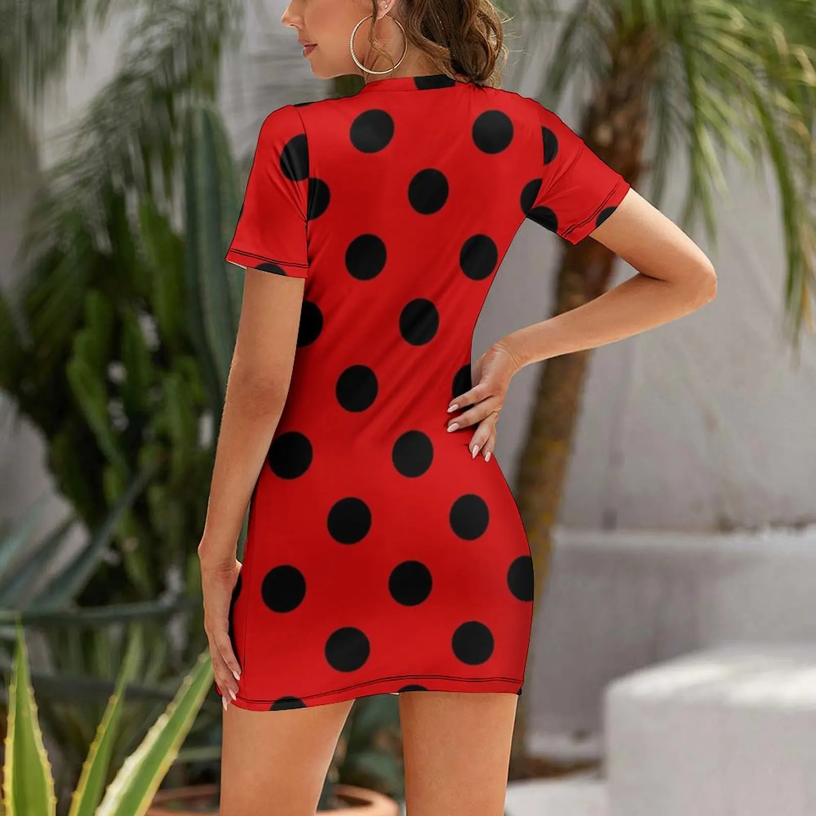 Elegant Extra Large Black on Red Polka Dots Short Sleeved Dress woman dress sensual sexy dress for women Evening gown