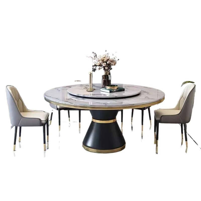 Modern hotel simple round table light luxury round living room dining table turntable Italian rock slab dining table and chair