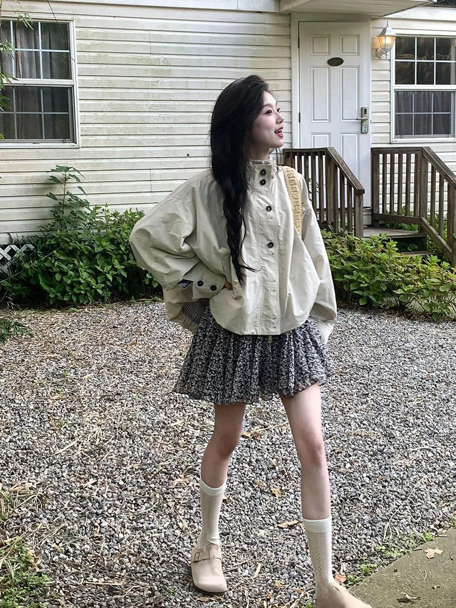 Talla grande 300 Pou American Retro Stand Collar Ropa de trabajo Jaet Mujeres Casual Versátil Suelto Ajuste Jaet Top Commute Sle Po...