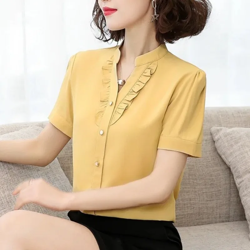 Women\'s Clothing V-Neck Solid Color Summer Short Sleeve Button Ruffles Patchwork Cardigan Shirt Office Lady Minimalist Tops