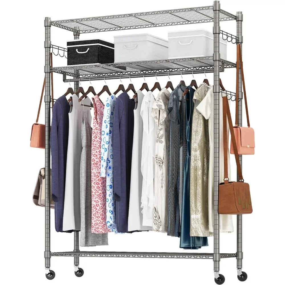 

Freestanding Wardrobe Rack 1 Clothes Hanging Bar 4 Hanger Hooks Free Shipping Adjustable Rolling Garment Rack With Shelves Pants