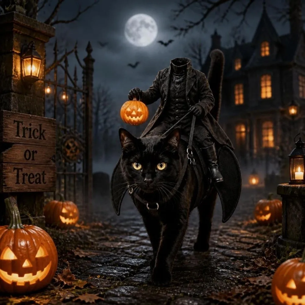 Kreatives Kopfloses Reiter-Katzenkostüm, Kürbislaterne, 3D-Katzensattel-Kostüm, Leichtes Schwarzes Katzenreiter-Kostüm für Cosplay-Events – Detail 3