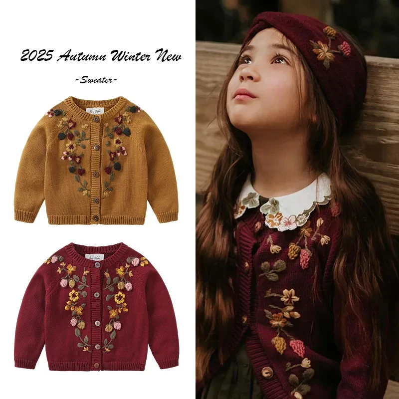 

2025 Autumn Winter New Fashionable Embroidered Cardigan for Girls Knitted Cardigan for Baby Retro Premium Children's Clothing