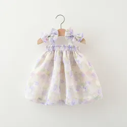 Children's Dress Summer Baby Girl Full of Flowers Embroidered Print Two Bow Ties with Hanging Straps Princess Dress