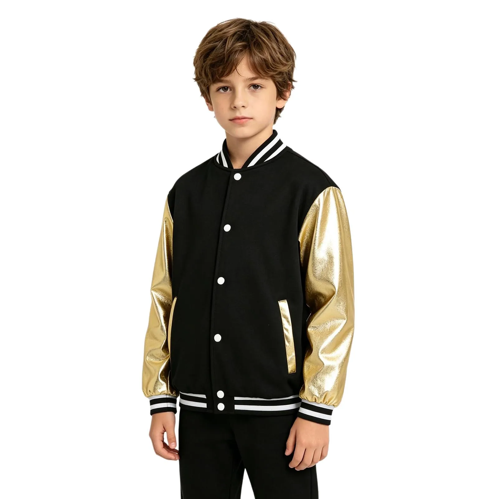 Boys Girls Kids Baseball Jacket With Pockets Hip Hop Costume Metallic Shiny Long Sleeve Eagle Printed Bomber Jacket Outerwear