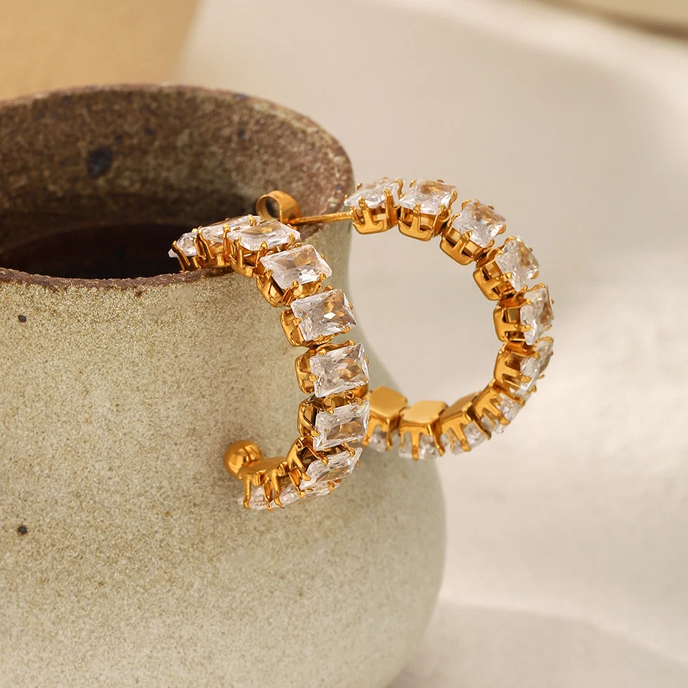 

Stainless Steel Gold Color Square Zircon Stud Earrings for Women Fashion Gold Plated Geometric Hoop Jewelry Wedding Party Gift