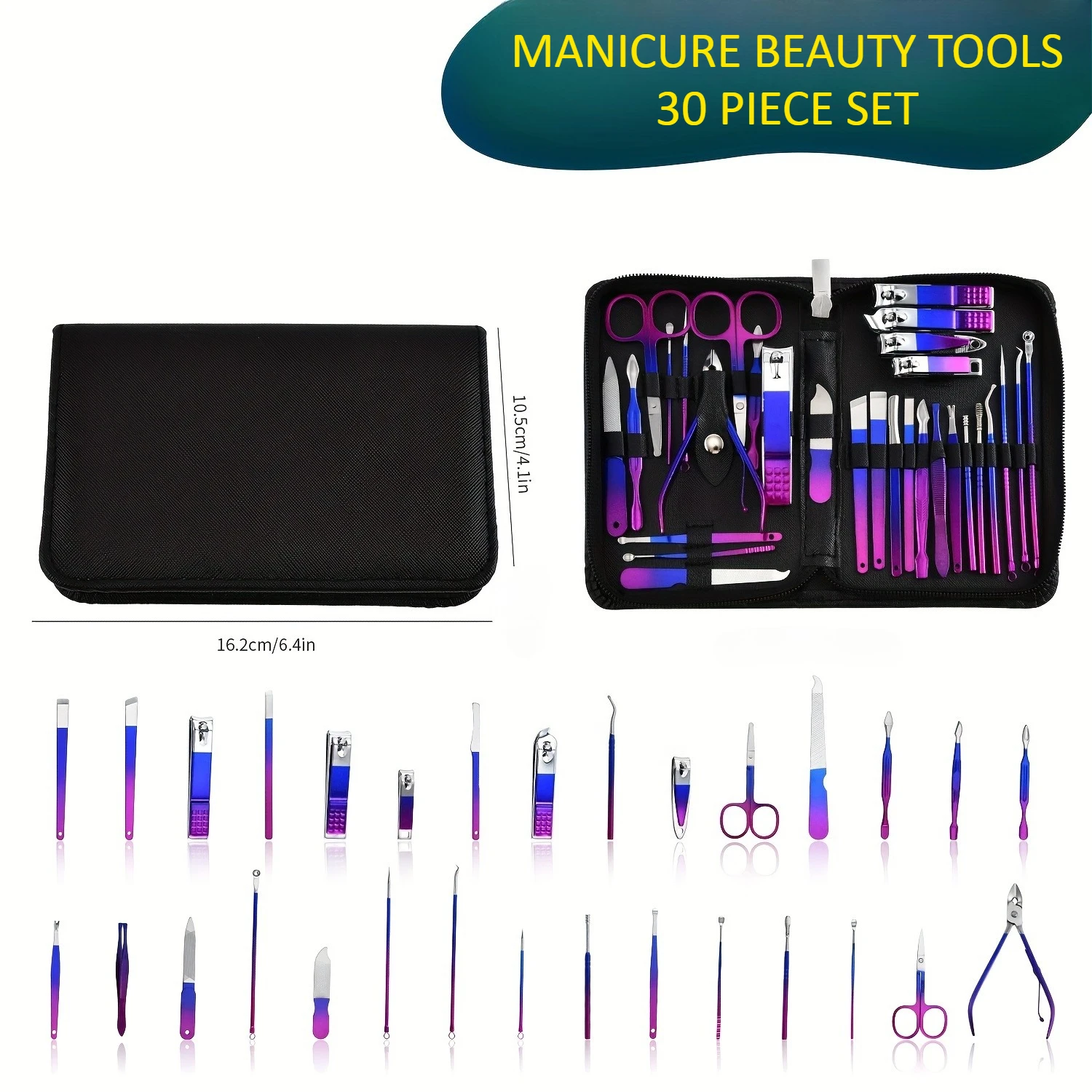 مجموعة ملونة مكونة من 30 قطعة من مقصات الأظافر الملونة المصنوعة من الفولاذ المقاوم للصدأ مع مجموعة أدوات مانيكير مع مجموعة العناية بالجمال للسفر المنزلي