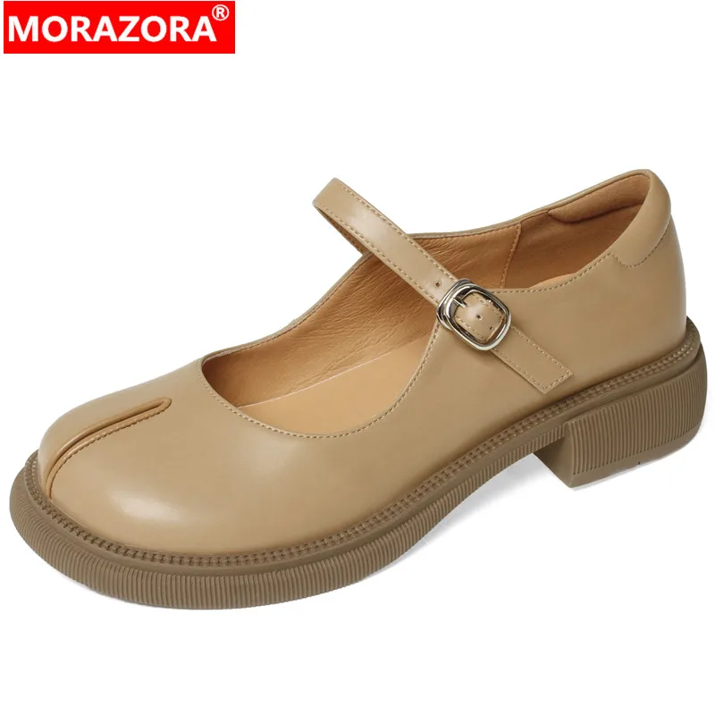 

MORAZORA 2024 New Fashion Genuine Leather Shoes Woman Round Toe Mary Janes Handmade Ladies Dress Shoes Square Med Heels Pumps