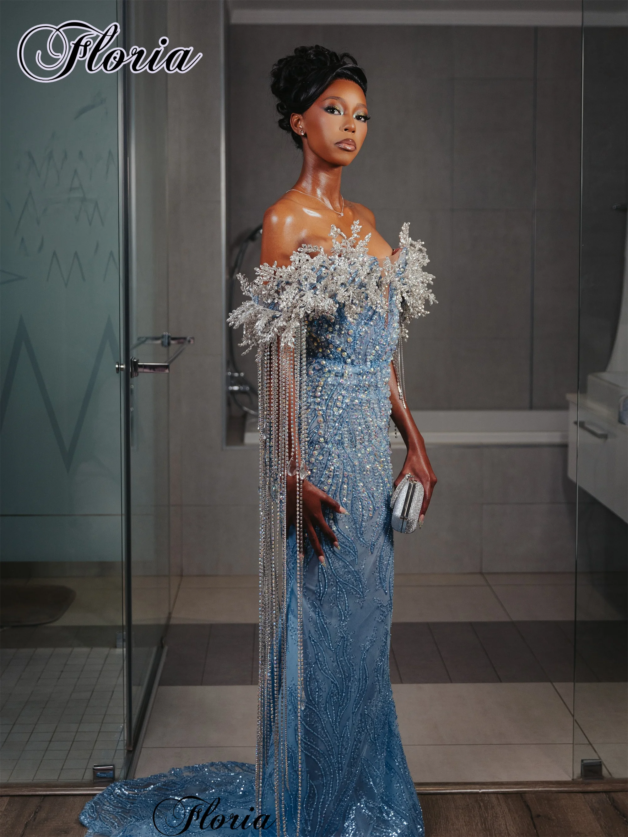 

Luxury Blue Crystals Celebrity Dresses Sweetheart Off Shoulder Red Carpet Runway Dresses Party Gown Vestidos De Noche Customized