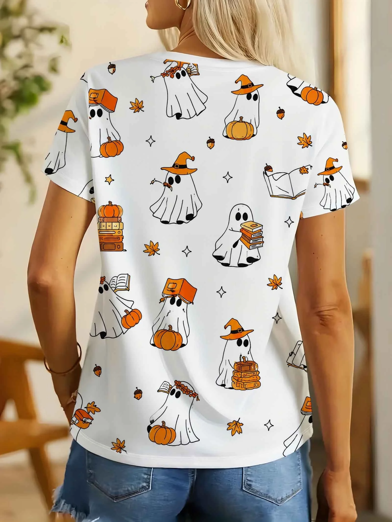 Women T‑shirt Short Sleeve Halloween Cute Ghost Pumpkin Maple Leaf Book Print Crew Neck Casual Summer Tee Top