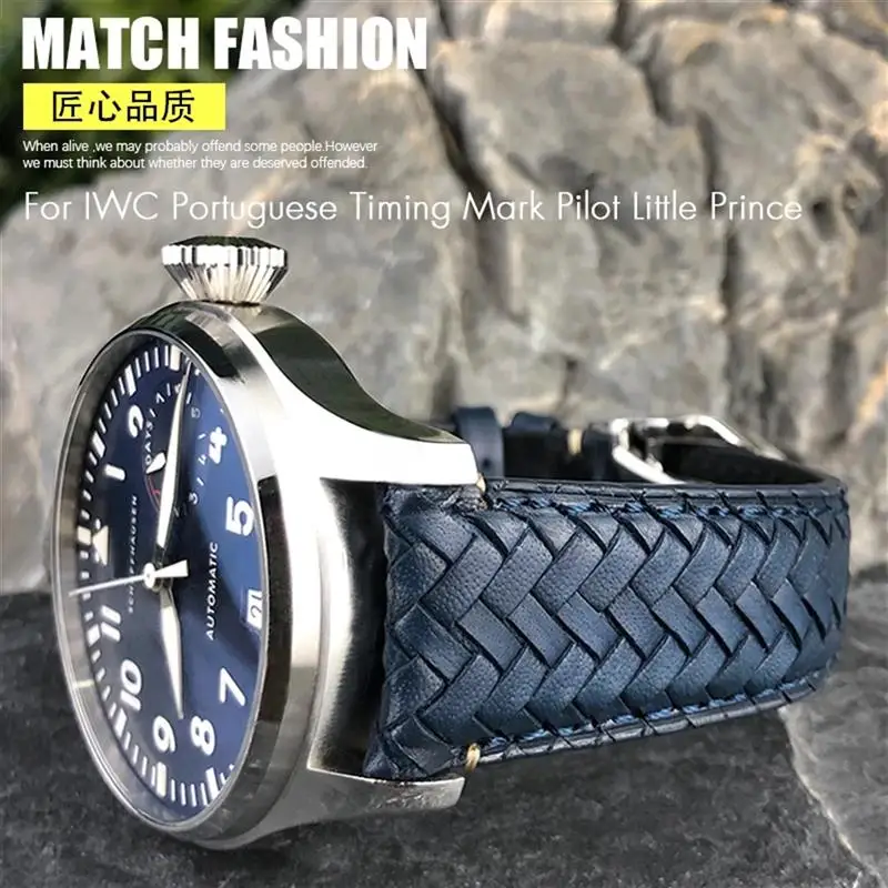 TINTAG 22mm 20mm 21mm Cowhide Woven Watchband Fit for IWC Portugieser Pilot's Watches Portofino IW5007 Blue Soft Leather Watch