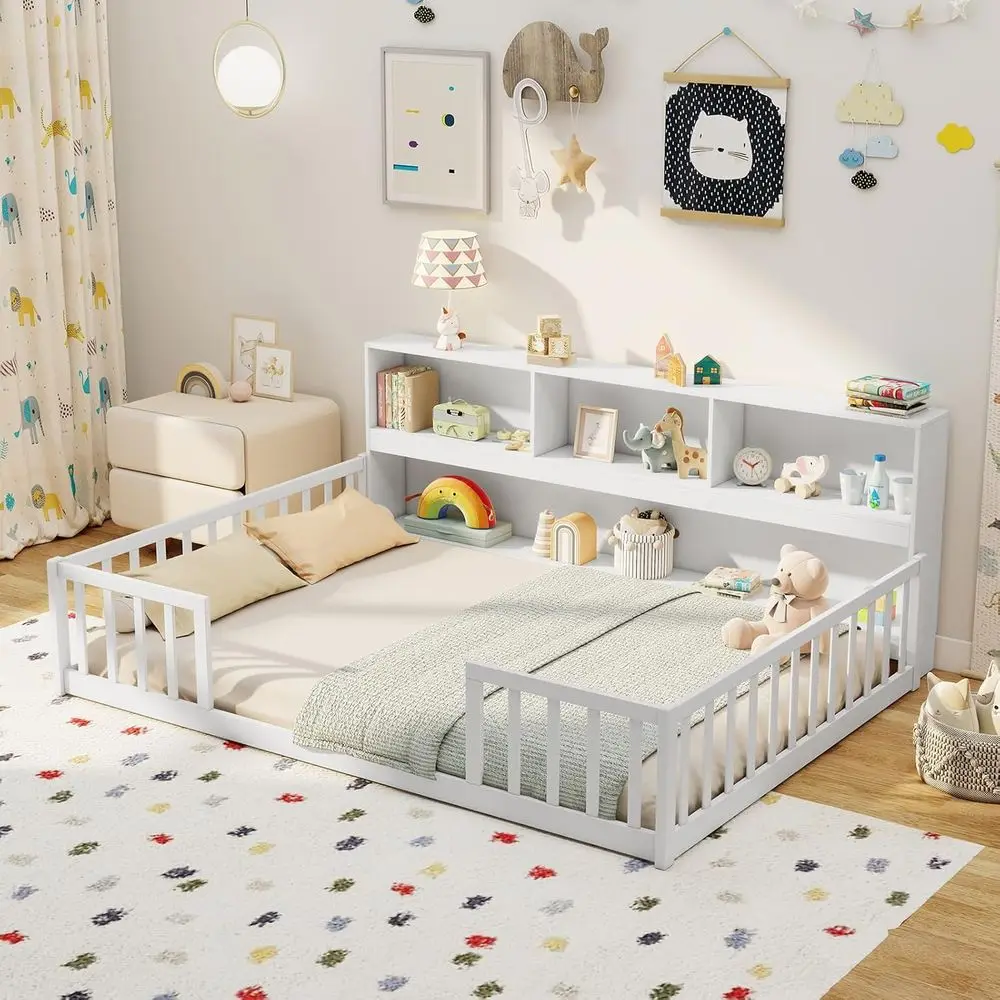 

Wooden Loft Bed with Bookcase, Storage Shelves & Safety Rails, Suitable for Kids, No Box Spring Needed, White