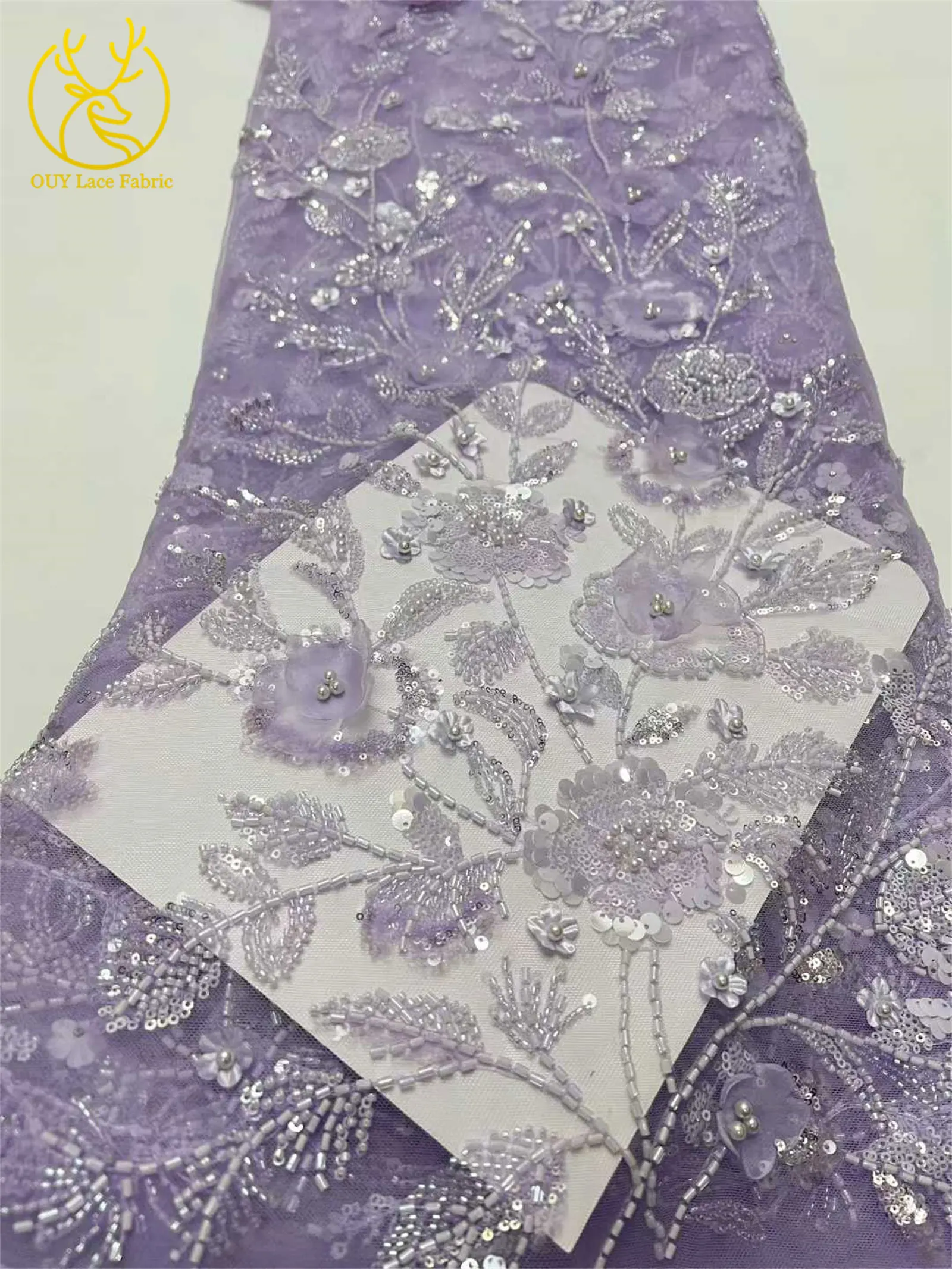Afrikanischer 3D-Blumen-Handperlen-Spitzenstoff 2026 Hochwertiger Französischer Stil Nigerianischer Pailletten-Spitzenstoff Ideal für Partykleider – Detail 13
