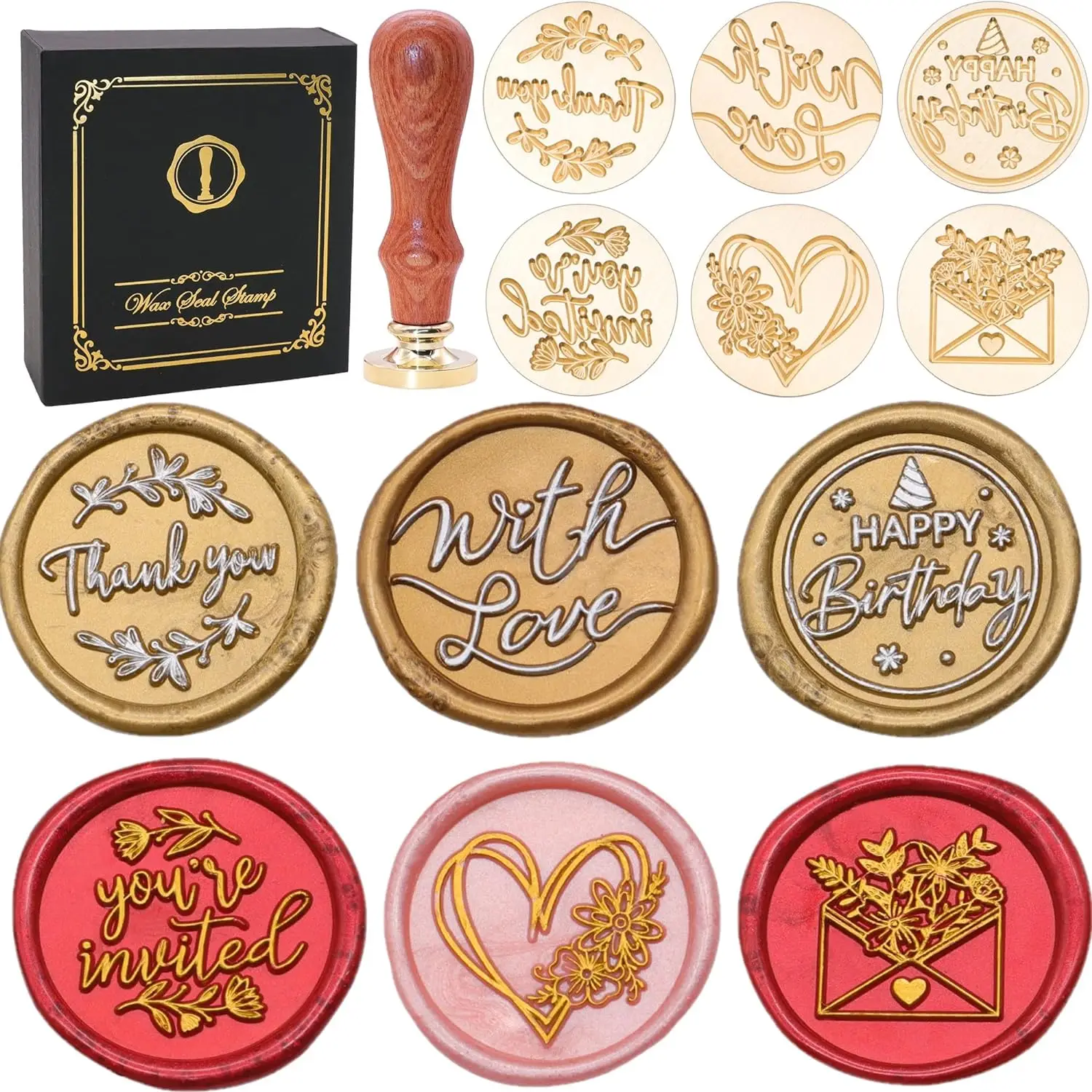 

Blessing Wax Seal Stamp Gift Box Set, Vintage 6 Sealing Stamp Heads , for Party Invitations, Envelops, Cards and Gift Packaging