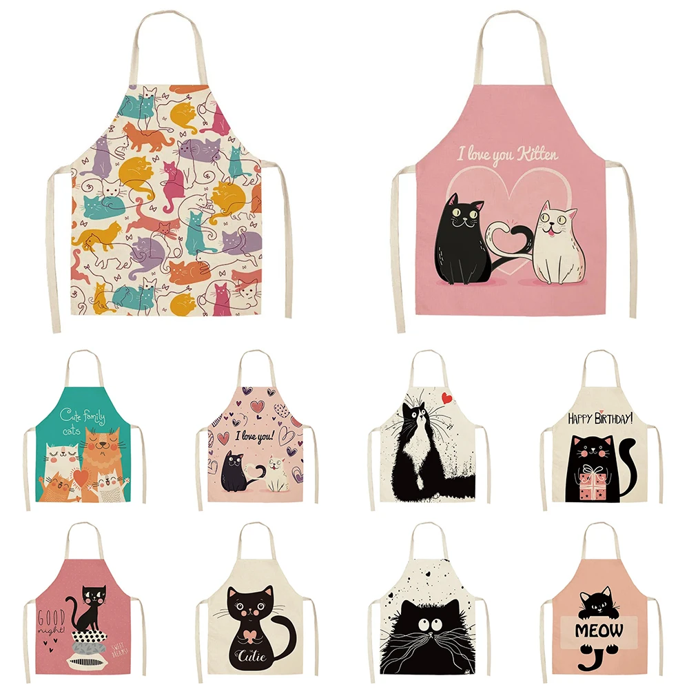 Cute Cat Pattern Kitchen Bibs for Women Home Cleaning Aprons Home Cooking Men\'s Chef Sleeveless Aprons