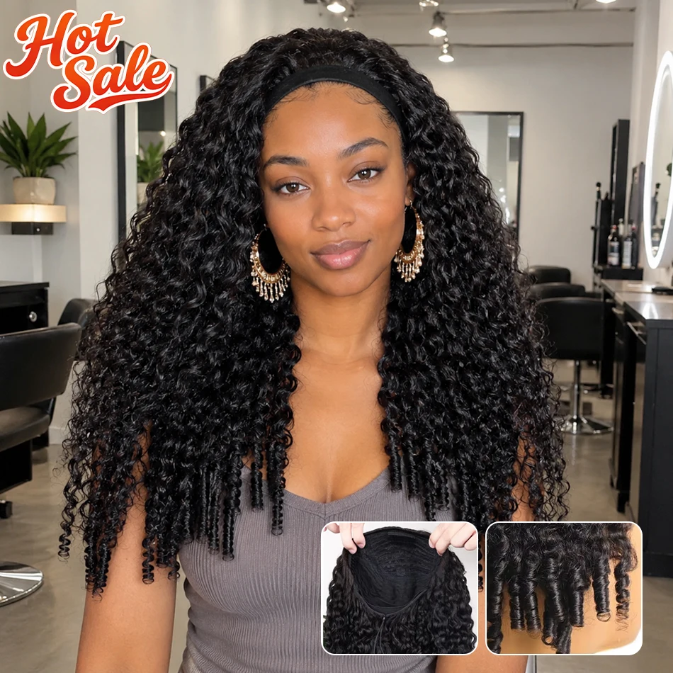 Smilegirl Demi-perruque en cheveux humains vierges bruts birmans bouclés, 3 en 1, sans colle, avec cordon de serrage, à porter facilement, densité 200, boucles dominicaines sans couture, pour femmes noires, usage quotidien et fêtes, sans dentelle, installation facile