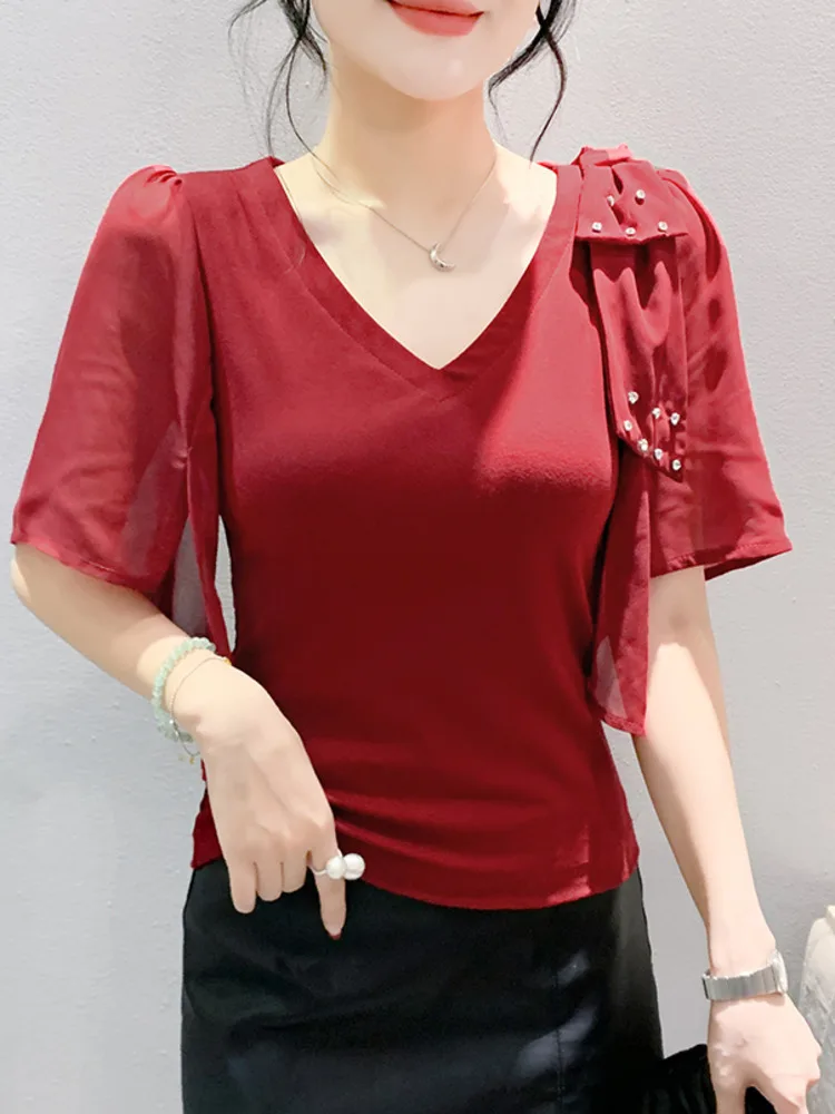 #7215 Black White Red Skinny T Shirt Women Spliced Chiffon Half Sleeve Diamonds Sexy Short Tshirt Femme Thin V-neck Korean Style