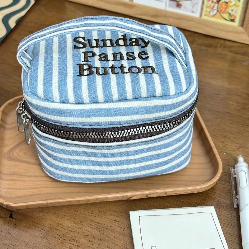 Korean Style Blue White Striped Makeup Bag Large Capacity Travel Wash Bag Handheld Zipper Storage Pouch for Girls Students