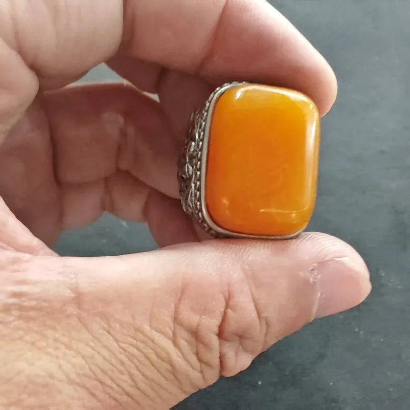 Vintage Boho Square Orange Cabochon Ring Unisex Antique Carved Side Frame Metal Band Tribal Large Statement Finger Decor Jewelry