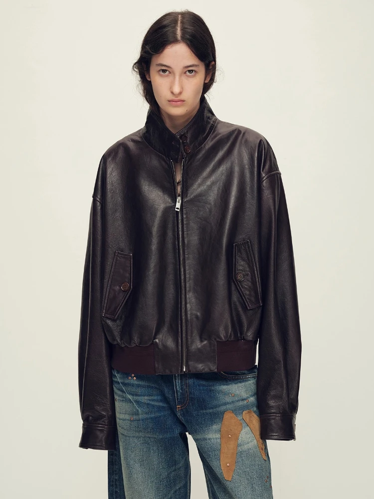 

Vintage Short Genuine Leather Jackets for Women Spring Autumn 2026 New High-end Simple Stand Collar Oil Wax Real Sheepskin Coat
