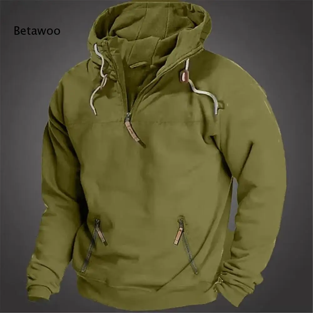 Men Double Collar Half Zip Hoodie Drawstring Long Sleeve Sweatshirt Zipper Pockets Loose Pullover For Autumn Winter Daily Wear