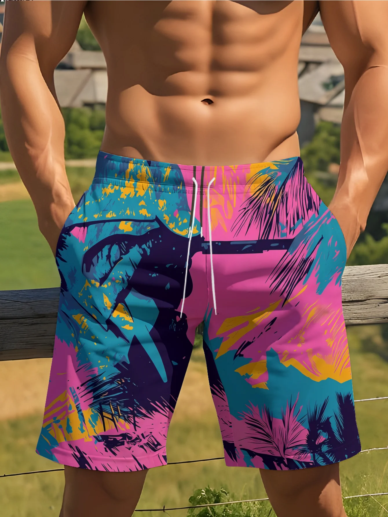 

Мужские пляжные шорты мятно-зеленого цвета с принтом пальм, на шнурке, быстросохнущие, повседневные плавки 2026