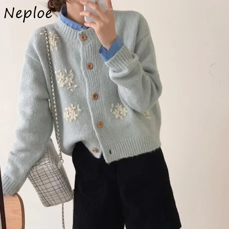 Neploe 2024 autunno inverno Cardigan lavorato a maglia Vintage 3D ricamo fiore maglioni Mujer Y2k o-collo manica lunga top donna