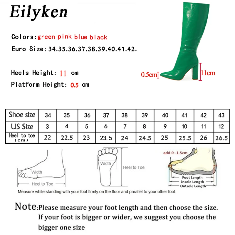 Eilyken Winter Green Serpentine Knee Boots For Women Designer Chunky High Heel Shoes Zipper Long Thigh High Botas Mujer