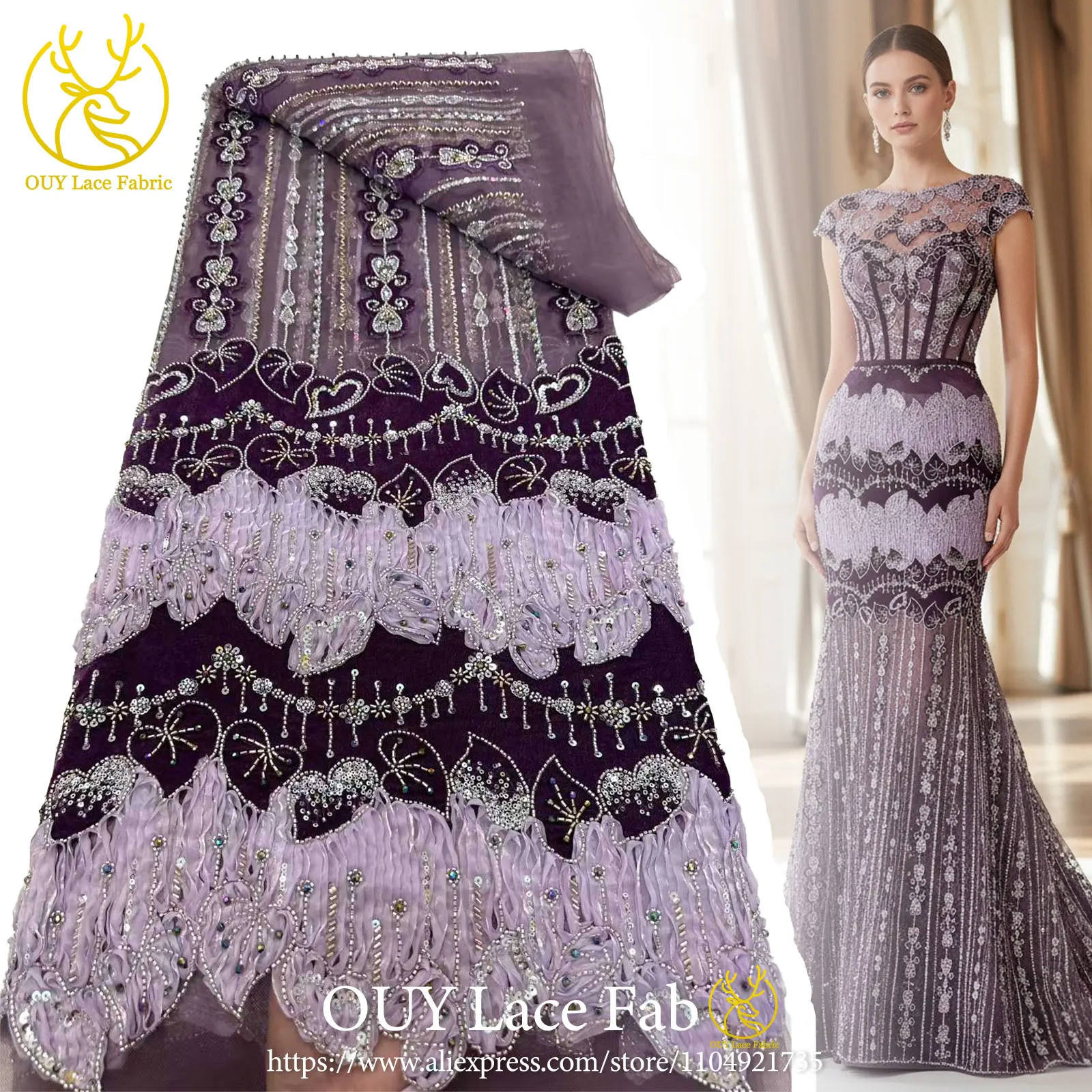 

Purple Luxury African Velvet Beaded Sequined Lace Fabric, 2026 French Groom Embroidered Fabric, Women's Evening Dress Sewing.