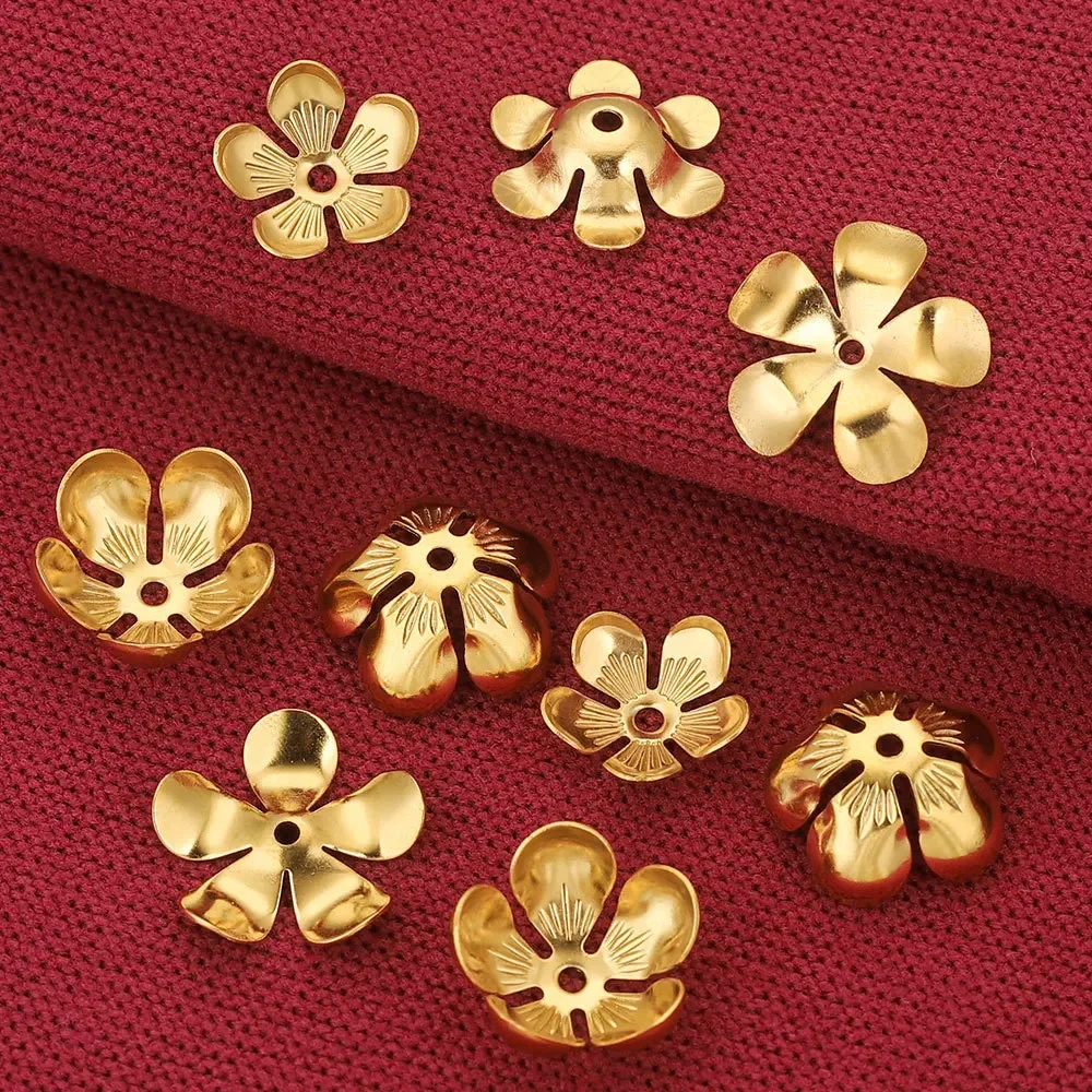 50pcs Stainless Steel Flower Spacer Gold Plated Round Beads Caps End Caps Tessal Needlework Jewelry Making Supplies Diy Findings