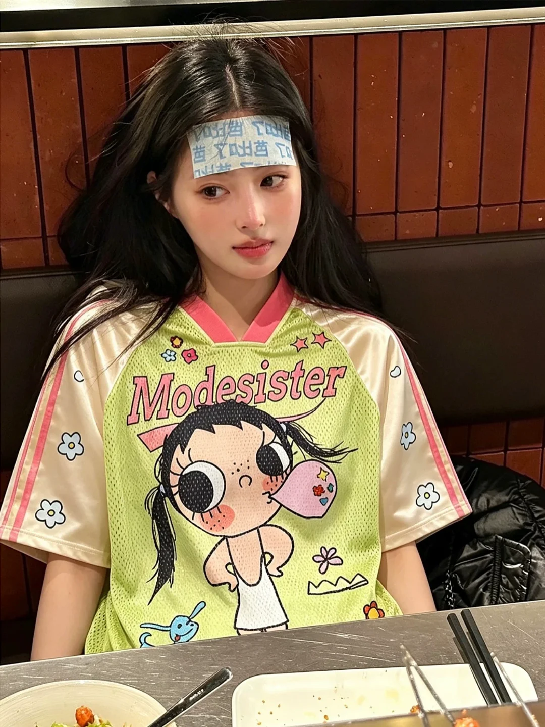 Cute Cartoon Girl Flower Color Block V-Neck Short Sleeve T-Shirt Women's Summer Breathable Mesh Sport Style Dopaamine Top