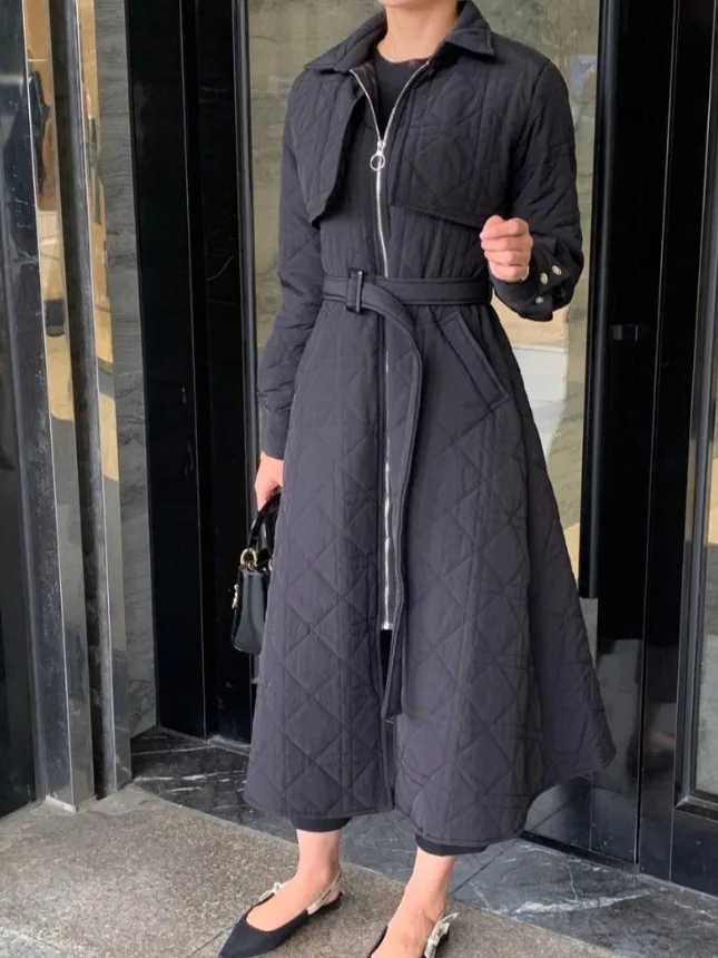 Ele Thiened Long Coat Women's Bla Slimming Waist Cotton Plaid Outerwear Vintage High-End Feelings Faionable