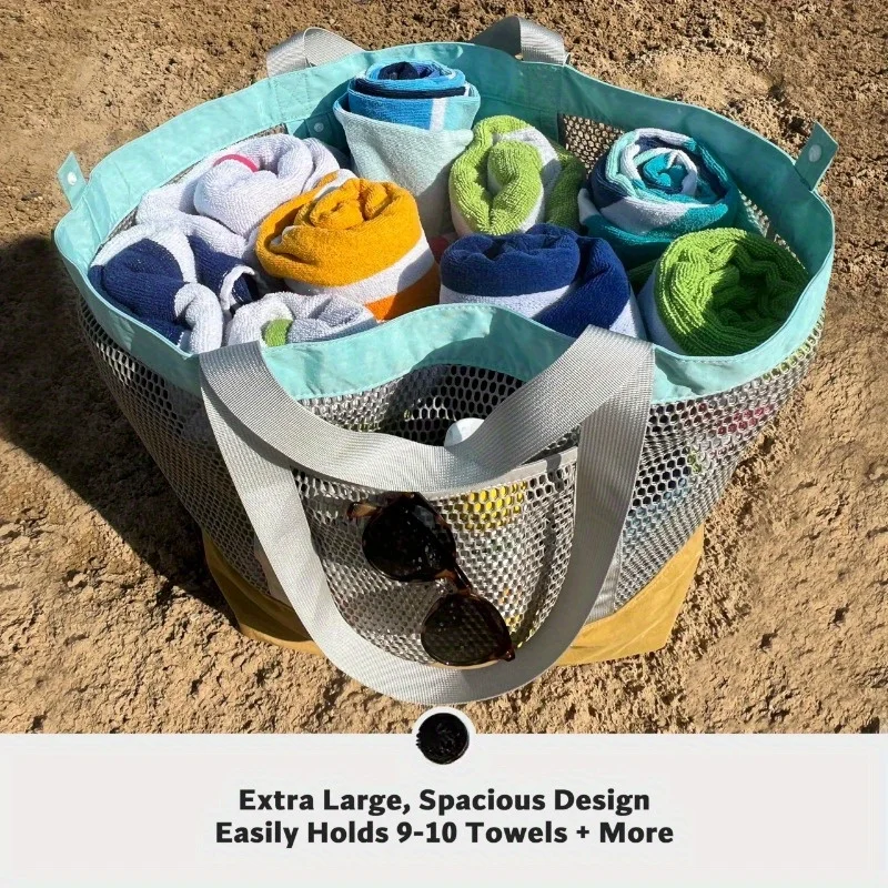 1pcs Beach Tote Bag Large Capacity Mesh Breathable Fabric With Double Handles Foldable Travel Organizer