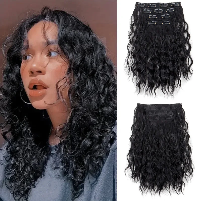 4Pcs/set 12Inch Synthetic Clip-in Short Wave Curly Hair Extension Fluffy Fiber Hair Black Mixed Brown Hairpiece for Women