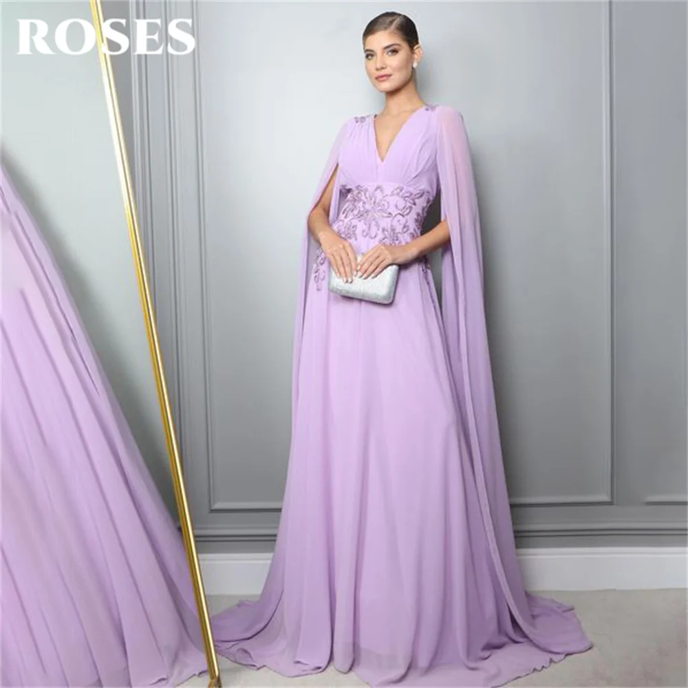 ROSES-vestido de fiesta lila con Apliques de encaje para mujer, traje de noche con cuello de pico y chal, Formal