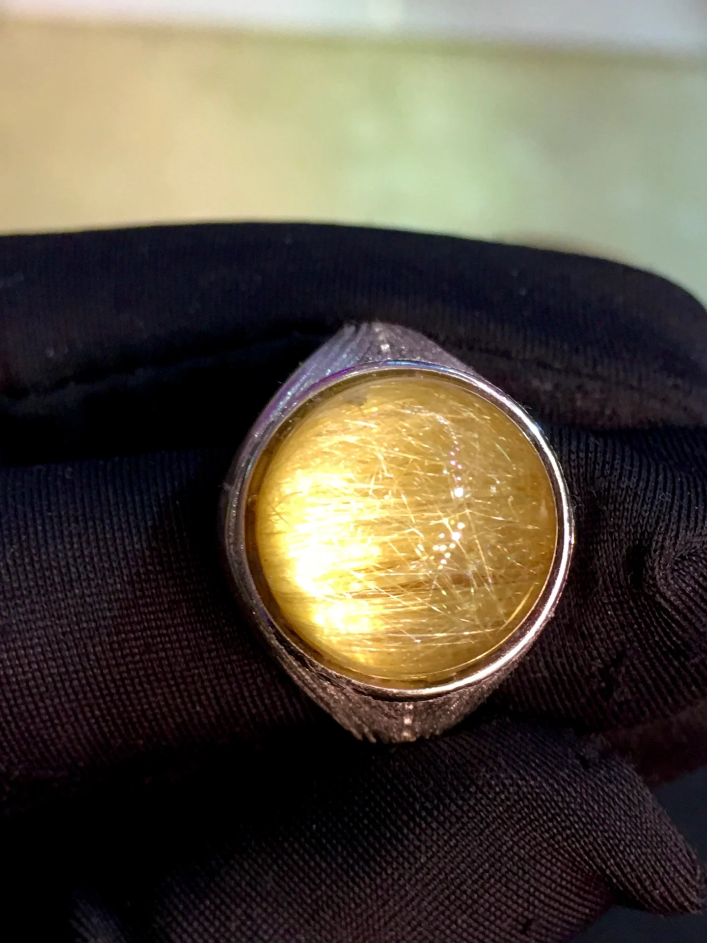 

Natural Gold Rutilated Quartz Adjustable Ring 14.2mm Round Women 925 Silver Yellow Rutilated Beads AAAAAA