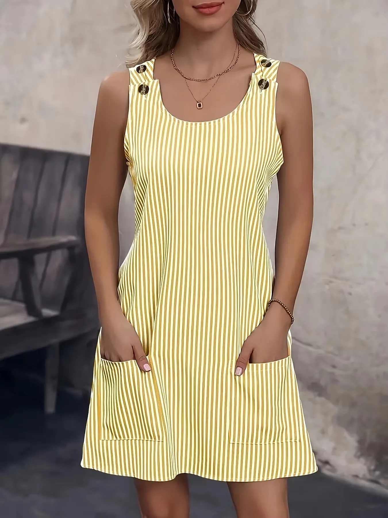 Vestido feminino sem mangas evasê com bolsos – Vestido casual longo listrado amarelo e preto vibrante, gola redonda, lavável à máquina, S