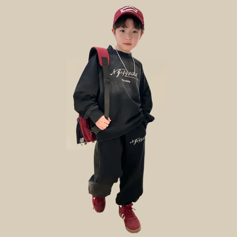 

Spring Junior Boy 2PCS Clothes Set Cotton Letter Printed Long Sleeve Pullover Loose Elastic Waist Jogger Pant 4-12Y Kid Boy Suit