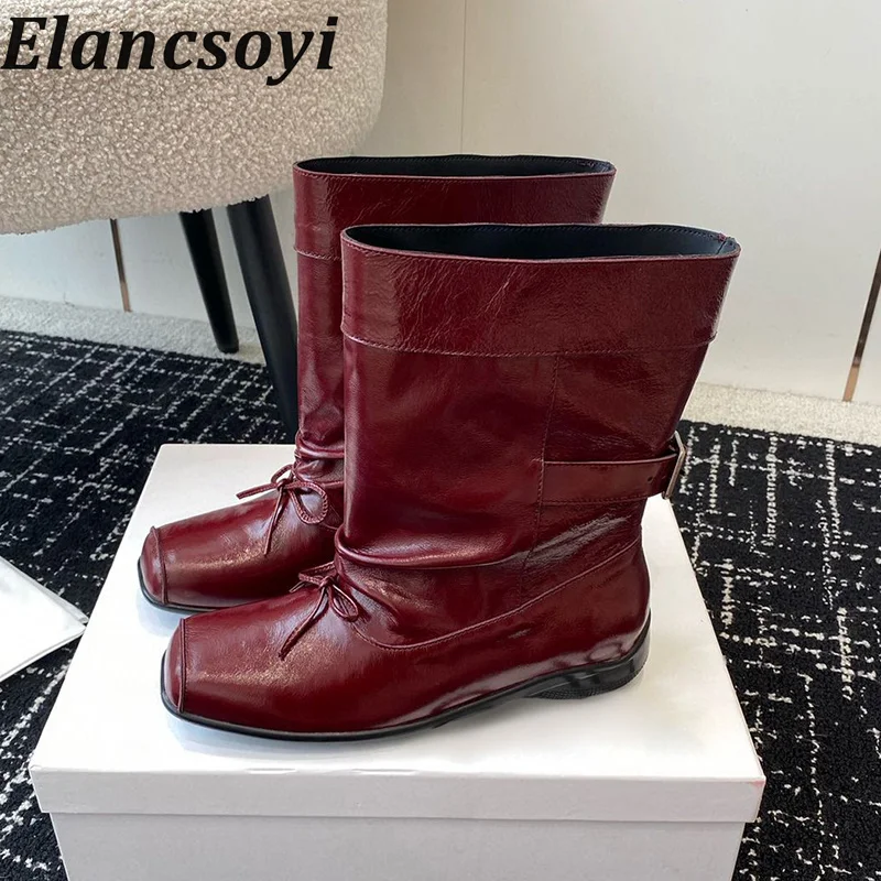 Square Toe Genuine Leather Bow Knot Short Boots Women Buckle Strap Design Mid Calf Boot Autumn Winter British Style Riding Boots