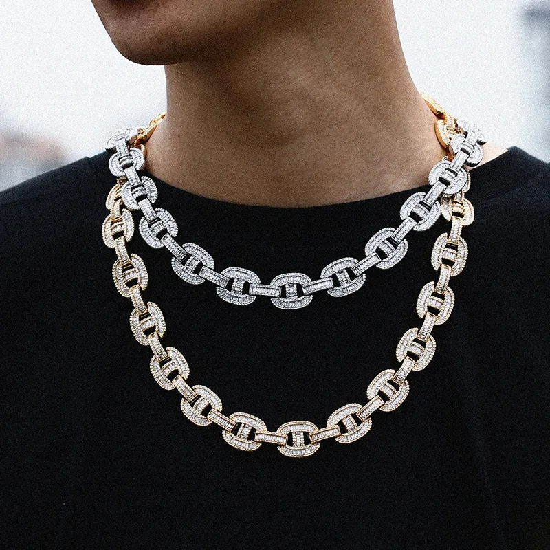 16mm Iced Out Cuban Chain Necklace T-shaped Stone Coffee Beans Shape Rapper Hip Hop Jewelry Gifts 18K Gold Plated Men Link