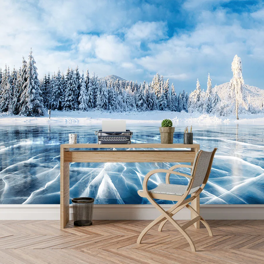 Customized 3D Wallpaper Winter Frozen Lake Ice and Cracks Hills Pines Blue Sky mural Living room sofa TV background wall bedroom