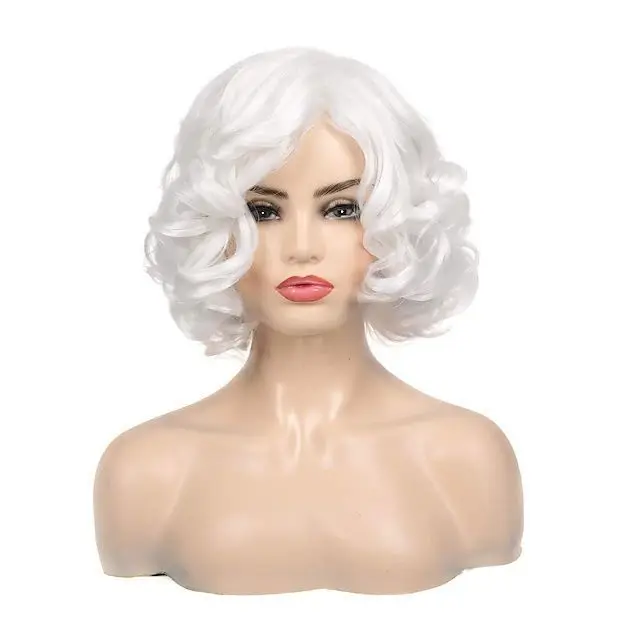 Women Wig Short White Wavy Curly Synthetic Hair Party