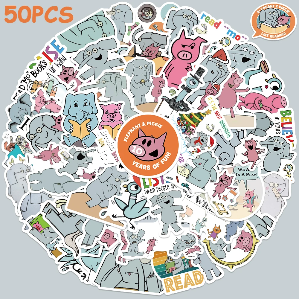 50pcs Cartoon Cute Elephant and Piggie Stickers Kids Toys Decals For Water Bottle Laptop Luggage Skateboard Scrapbook Sticker