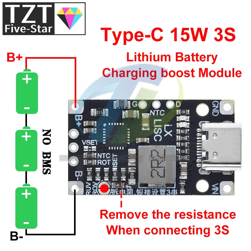 TZT Type-C USB 2/3S BMS 15W 8.4V 12.6V 1.5A Lithium Battery Charging Boost Module With Balanced Support Fast Charge